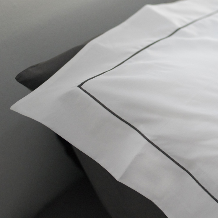 White Cotton Percale Pillow Sham with Pewter Grey Satin Stitch